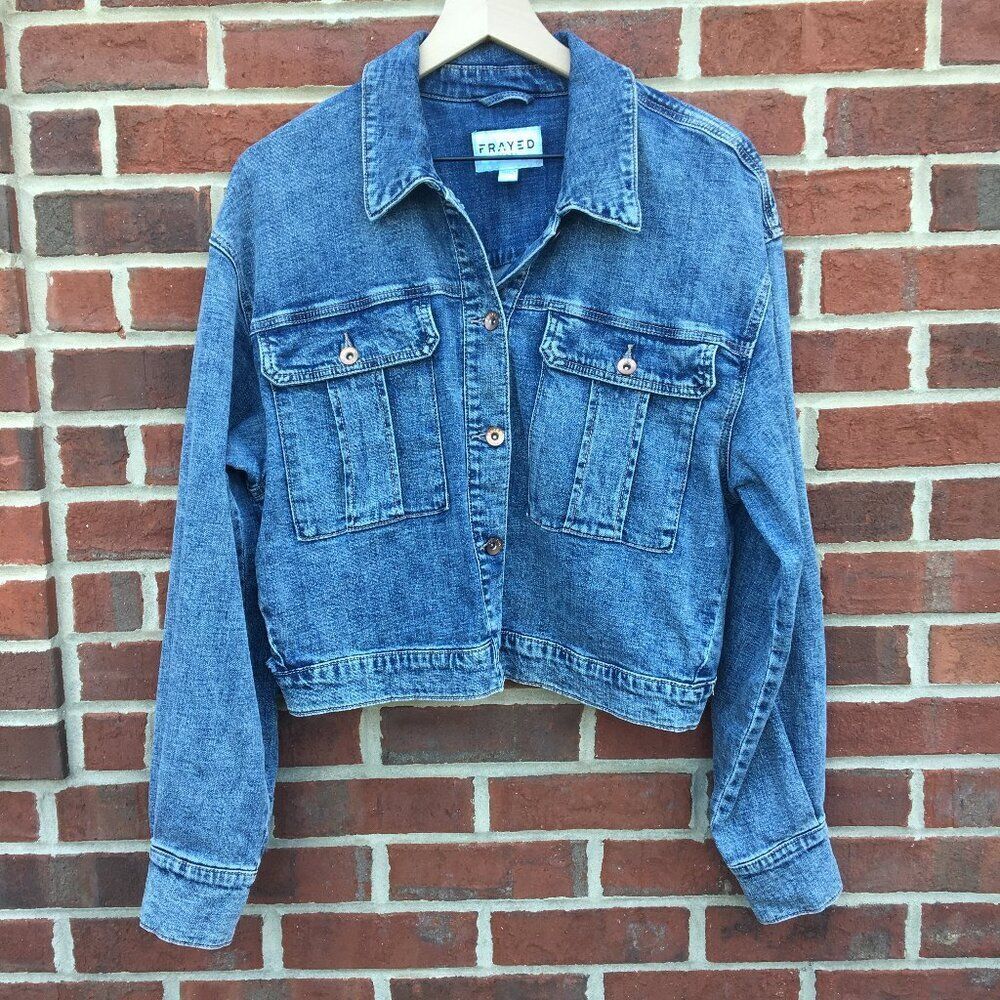 Cropped Denim Jacket Large Pleated Distressing Grunge Stone Wash